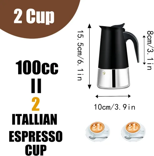 Miniatura 3 de Estufa de 2 tazas de acero inoxidable, cafetera italiana, capacidad para café moca, cocina clásica de inducción para el hogar y campamento, 3.3