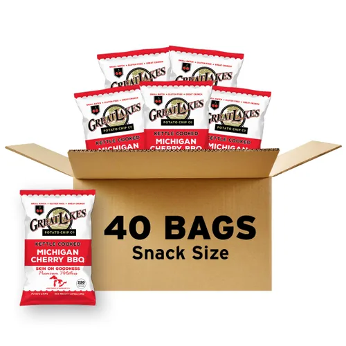 Great Lakes Potato Chip Co. Michigan Cherry BBQ Kettle - Papas fritas cocidas, caja individual de tamaño aperitivo (paquete de 40, bolsas de 1.375