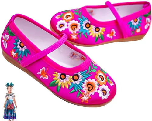 Encanto - Zapatos de disfraz para niñas, hermosos zapatos de ballet Mary-Jane, cómodos zapatos de tacón bajo con punta redonda, zapatos con bordado