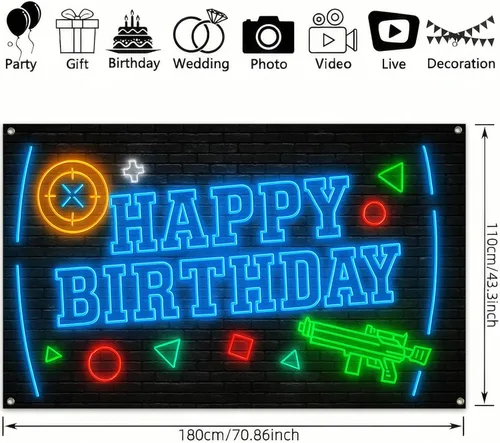 Miniatura 3 de HOMETITUTE Cartel de feliz cumpleaños de 71 x 43 pulgadas con luz negra fluorescente para decoración de fondo de fiesta, controlador de juego azul
