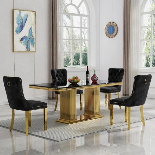 Miniatura 18 de HomVent Juego de mesa de comedor moderna de mármol sintético para 4 personas, mesa de cocina rectangular con 4 sillas beige (dorado)
