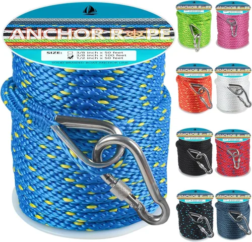 Miniatura 42 de Cuerda de anclaje de 3/8 de pulgada y 100 pies, cuerda de anclaje para barco, trenza sólida MFP, línea de anclaje con dedal de acero inoxidable 316