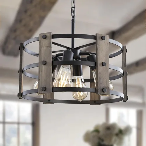 Miniatura 31 de Lámpara colgante estilo granja, luces colgantes negras para isla de cocina, luz colgante de metal industrial y madera vintage, lámpara de techo