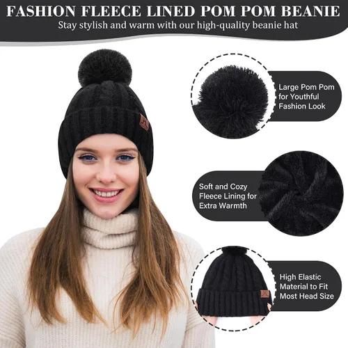 Miniatura 2 de Womens Winter Warm Beanie Hat Touchscreen Gloves Long Scarf Set Rib Cable Knit Fleece Lined Skull Pom Caps