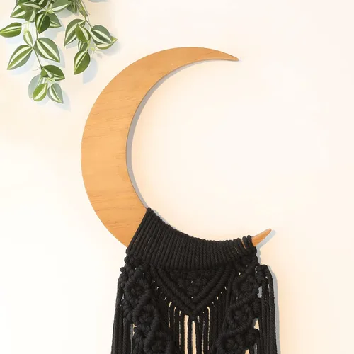 Miniatura 2 de ANROYE Macramé para colgar en la pared, decoración de luna bohemia, adorno de madera de media luna bohemia con borla larga, tapiz de madera único