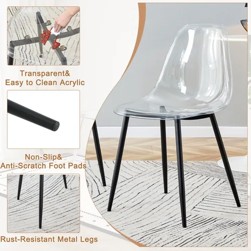 Miniatura 7 de Juego de mesa de comedor de vidrio Ebullient para 4, mesa de 51" de vidrio templado transparente con patas de metal negro y 4 sillas de acrílico