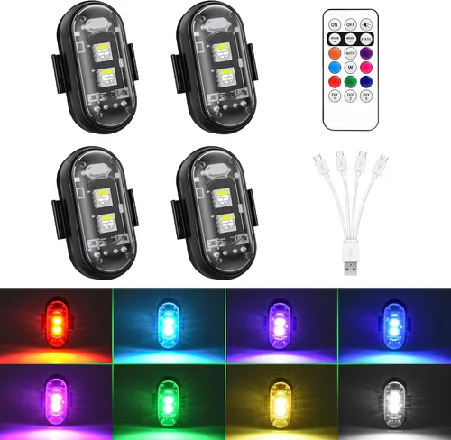Miniatura 9 de Luces estroboscópicas RGB LED inalámbricas para aviones con control remoto, 8 colores, 10 modos de parpadeo, carga USB, luces anticolisión