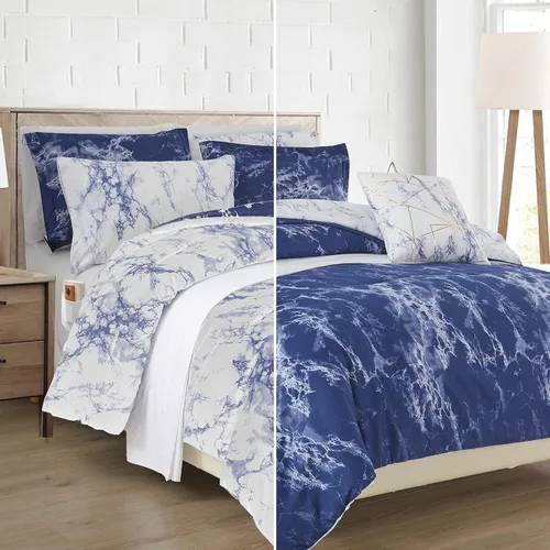 Miniatura 2 de Elegant Comfort Juego de edredón reversible de 10 piezas, estampado de mármol, almohada decorativa y sábana bajera con bolsillos inteligentes, Azul