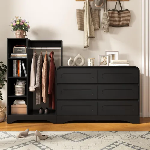 Miniatura 7 de Cómoda con perchero para colgar ropa, toboganes preinstalados para una instalación rápida, armario 3 en 1 con cajones y estantes para zapatos