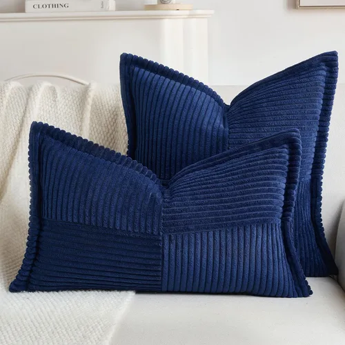 Miniatura 6 de HAUSSY Paquete de 2 fundas de almohada decorativas de pana de 22 x 22 pulgadas, color azul claro, fundas de cojín bohemias y naturales a rayas Azul
