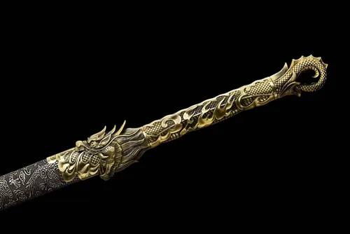 Miniatura 9 de Espada china de la dinastía Tang Dao de acero al carbono, hoja recta afilada, katana con patrón de dragón, funda Dorado
