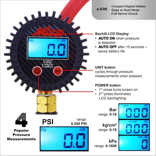Miniatura 5 de Milton S-530 Inflador de neumáticos digital compacto con manómetro, 255 PSI, mandril de aire de doble cabezal, manguera de 15 ", dial de 2.5