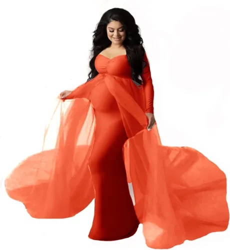ZIUMUDY Vestido de maternidad de tul con hombros descubiertos para sesión de fotos, vestido de fotografía ajustado de manga larga para baby shower