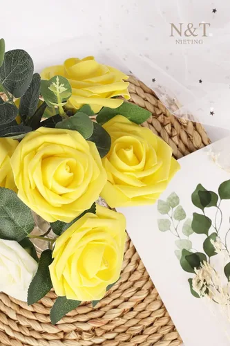 Miniatura 434 de N&T NIETING Flores artificiales, rosas artificiales de color rosa intenso, 50 piezas de flores falsas con tallo para ramos de boda DIY, centros