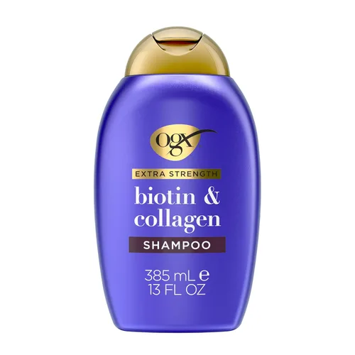 OGX Champú voluminizador de colágeno extra fuerte con vitamina B7 y proteína de trigo hidrolizada para cabello fino. Tensioactivos sin sulfato para