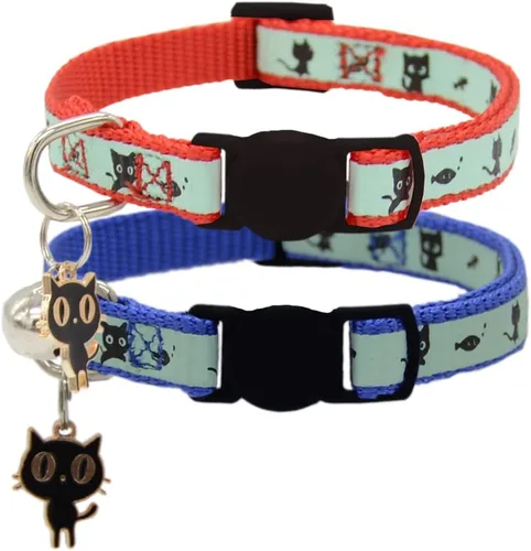 Miniatura 7 de Paquete de 2 collares para gatos que brillan en la oscuridad con campana, collares de seguridad para cachorros con colgante verde y amarillo