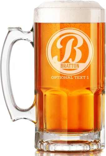 Taza de cerveza de vidrio con monograma grabado personalizado, 34 onzas, Día del Padre, monograma, nombre personalizado, regalos de cerveza Claro