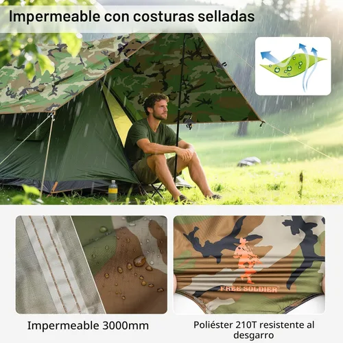 Miniatura 3 de FREE SOLDIER Lona impermeable portátil multifuncional para exteriores, camping, viajes; toldo de mochilero, refugio contra la lluvia Camuflaje 10 ×