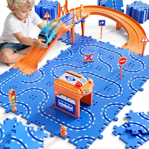 NIPLOOOW Juego de pistas de autos de carreras de rompecabezas para niños de 3 a 5 años, juego de autos de pista de rompecabezas de piso, juguetes