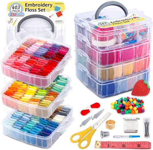 INSCRAFT Paquete de 403 kits de bordado para adultos, hilos de bordado de 250 colores, kits de punto de cruz para principiantes, pulseras y