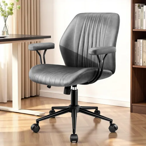 Miniatura 9 de HeroSet Silla de oficina de cuero con reposabrazos extraíbles, silla de escritorio ergonómica de respaldo medio con soporte lumbar, silla ejecutiva