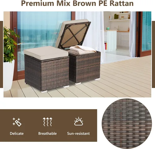 Miniatura 7 de Tangkula 2 Piezas de Otomanos de Patio, Mesa Lateral de Ratán PE Tejido a Mano Patiojoy con Cojín Removible y Espacio de Almacenamiento Oculto, Caja