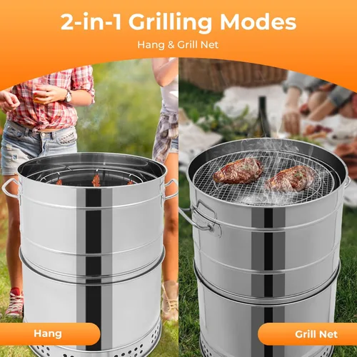 Miniatura 7 de Parrilla vertical 2 en 1 para ahumar, barbacoa de carbón portátil de acero inoxidable sin humo de 360°, para barbacoa al aire libre, campamento