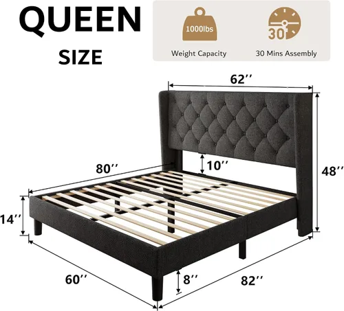 Miniatura 2 de iPormis - Base de cama tapizada de tamaño completo con cabecera capitonada con botones, base de cama tapizada con listones de madera sólidos, 20 cm