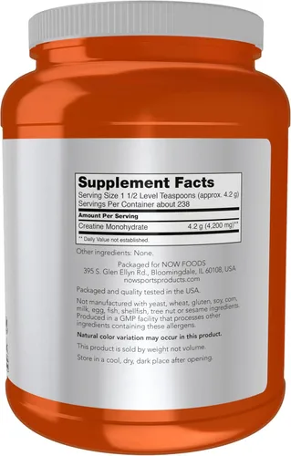 Miniatura 2 de NOW Sports Nutrition, Polvo de Creatina Micronizada 500 g, Construcción de Masa*/Producción de Energía*, 1 kg.