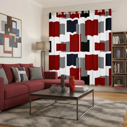 Miniatura 19 de Cortina de ventana de rayas rojas y negras, cortinas abstractas con ondas circulares, cortinas geométricas para tratamiento de ventanas para niños