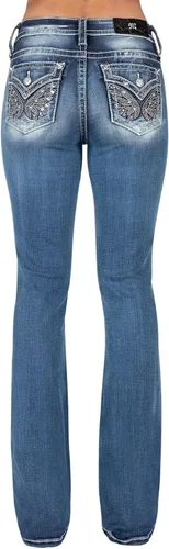 Miss Me Jeans de corte de bota para mujer, de piel sintética, color negro, con alas de ángel, adornadas con solapa, bolsillos