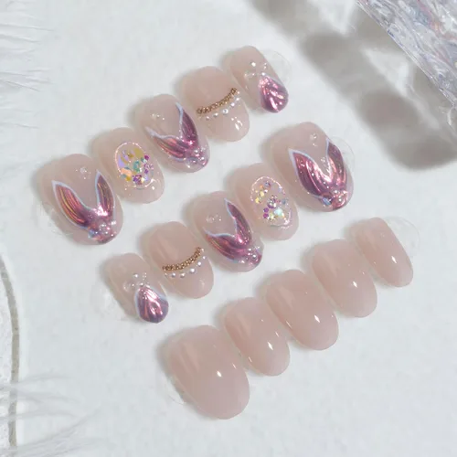 Miniatura 9 de LIGHT RAIN - Uñas a presión de longitud media, con diseño de galaxia Andromeda, uñas postizas de gel, reutilizables, de lujo, de siete capas