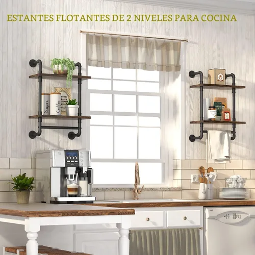 Miniatura 6 de Helsin Estantes de Baño Flotantes de Tubería Industrial Montados en la Pared con Barra de Toallas, Estante de Pared de Madera Rústica de 2 Niveles