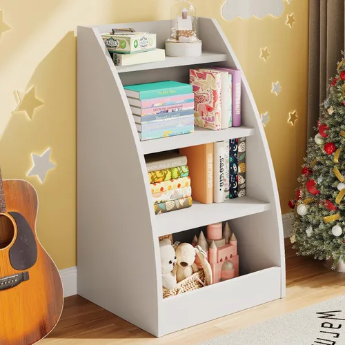 Miniatura 11 de Estantería para niños de 4 niveles, estante de 4 capas para habitaciones de niños, estantería de madera XXL para niños, estante de almacenamiento