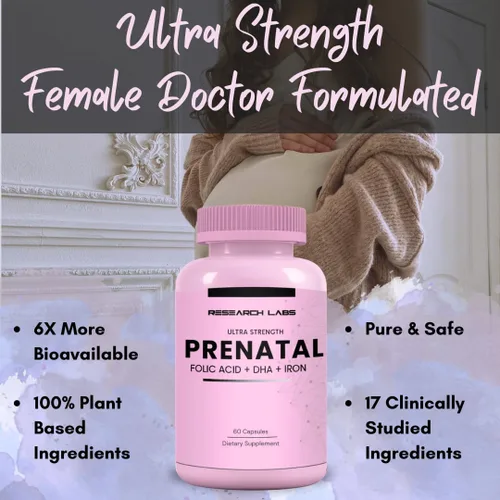 Miniatura 3 de Research Labs Vitaminas prenatales para mujeres 2 Fer 1 anuncio: 6 veces más ácido fólico metilado biodisponible MTHF 5 Apoya el desarrollo
