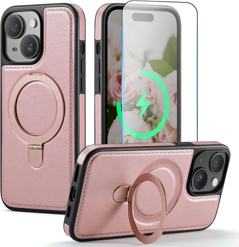 Miniatura 12 de Funda para iPhone 13 con soporte compatible con Magsafe, color negro Magnetic Kickstand, with Tempered Glass Screen Protector, Durable PU Leather