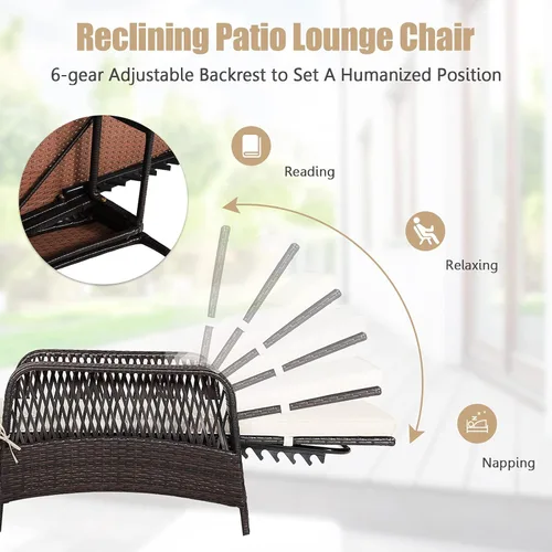 Miniatura 5 de HAPPYGRILL Sillón reclinable de ratán de polietileno para exteriores, tumbona para patio con almohada de cintura extra, silla reclinable con 6 Marrón