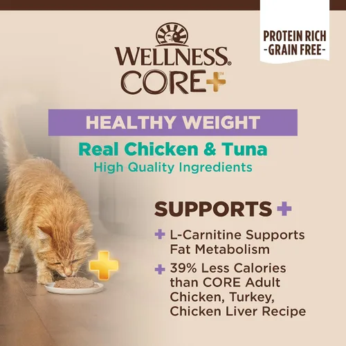 Miniatura 2 de Wellness CORE+ Alimento húmedo en paté de peso saludable para gatos adultos, natural, rico en proteínas, sin granos, 2.8 onzas, paquete de 12