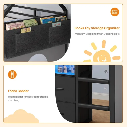 Miniatura 7 de BTHFST Cama tipo loft tamaño twin para niños, 8 cajones de almacenamiento y luces LED, cama de metal en forma de casa con estantería, escalera
