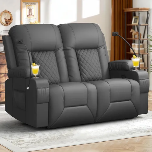 Miniatura 21 de FURNIMAT Sofá reclinable biplaza, sofá reclinable doble de 3 plazas con consola abatible, moderno sofá biplaza de cuero PU para sala de estar/casa