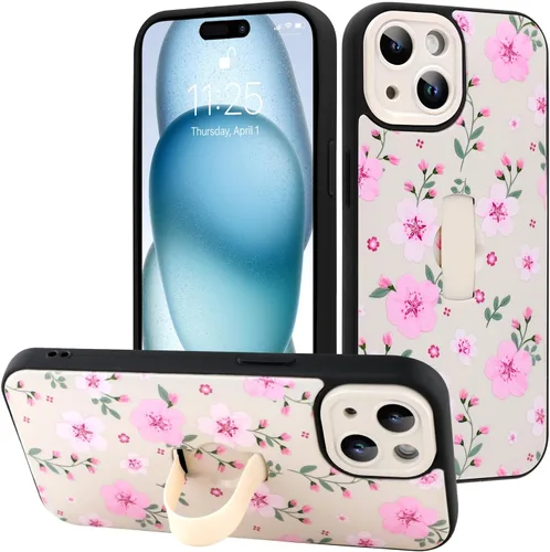 Miniatura 83 de Funda diseñada para iPhone 17 Pro Max con soporte plegable y correa para dedos, bonito patrón de lazo de corazón de flor rosa para mujeres y niñas