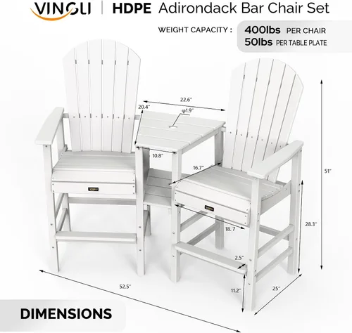 Miniatura 6 de VINGLI Juego de 2 sillas altas Adirondack con bandejas dobles, taburetes de bar de polietileno de alta densidad para todo tipo de clima, sillas