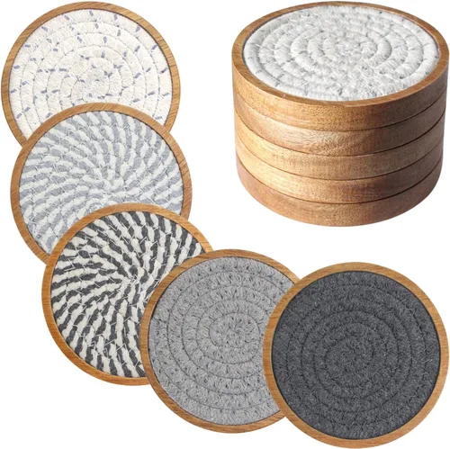 Miniatura 8 de Eykao Paquete de 5 posavasos absorbentes para bebidas, posavasos tejidos de 4.3 pulgadas para mesas de café, posavasos de madera para protección