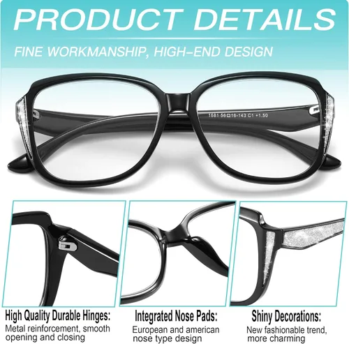 Miniatura 3 de Elegantes gafas de lectura de ojo de gato, lentes de sol de gran tamaño con cadena de lentes de moda portátiles para mujeres Paquete de 2 gafas