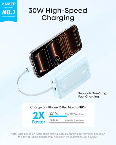 Miniatura 2 de Anker Cargador portátil, banco de energía de 10,000 mAh 30 W, paquete de batería de carga rápida USB-C de entrada y salida, cargador de batería Azul
