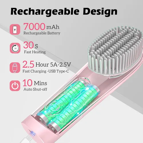 Miniatura 4 de Go Brush Pro - Cepillo alisador de cabello portátil inalámbrico – Calor rápido de 30 segundos, iones negativos de 150 M, USB-C recargable, 7000 mAh