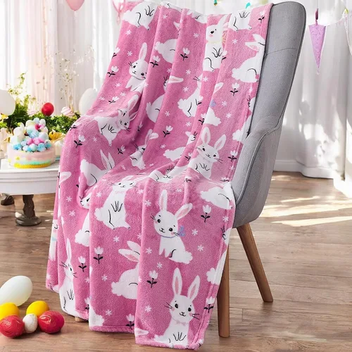 Miniatura 20 de Manta de forro polar suave para primavera de niñas y niños: bebés, pollitos, pájaros, flores en suave y acogedor amarillo, verde, rosa sobre fondo