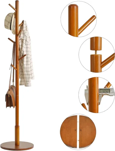 Miniatura 6 de IBUYKE Perchero independiente con base redonda sólida y 8 ganchos, perchero de madera de fácil montaje, perchero para pasillo, entrada, sala