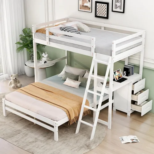 Miniatura 13 de Literas de tamaño matrimonial sobre individual e individual, litera triple de madera con cajones de almacenamiento, barandillas y escalera para 3