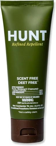 Hunt - Loción repelente de insectos, sin DEET, sin olor, 20% de picaridina, protección de 14 horas, no grasa, segura para armas, segura para equipos